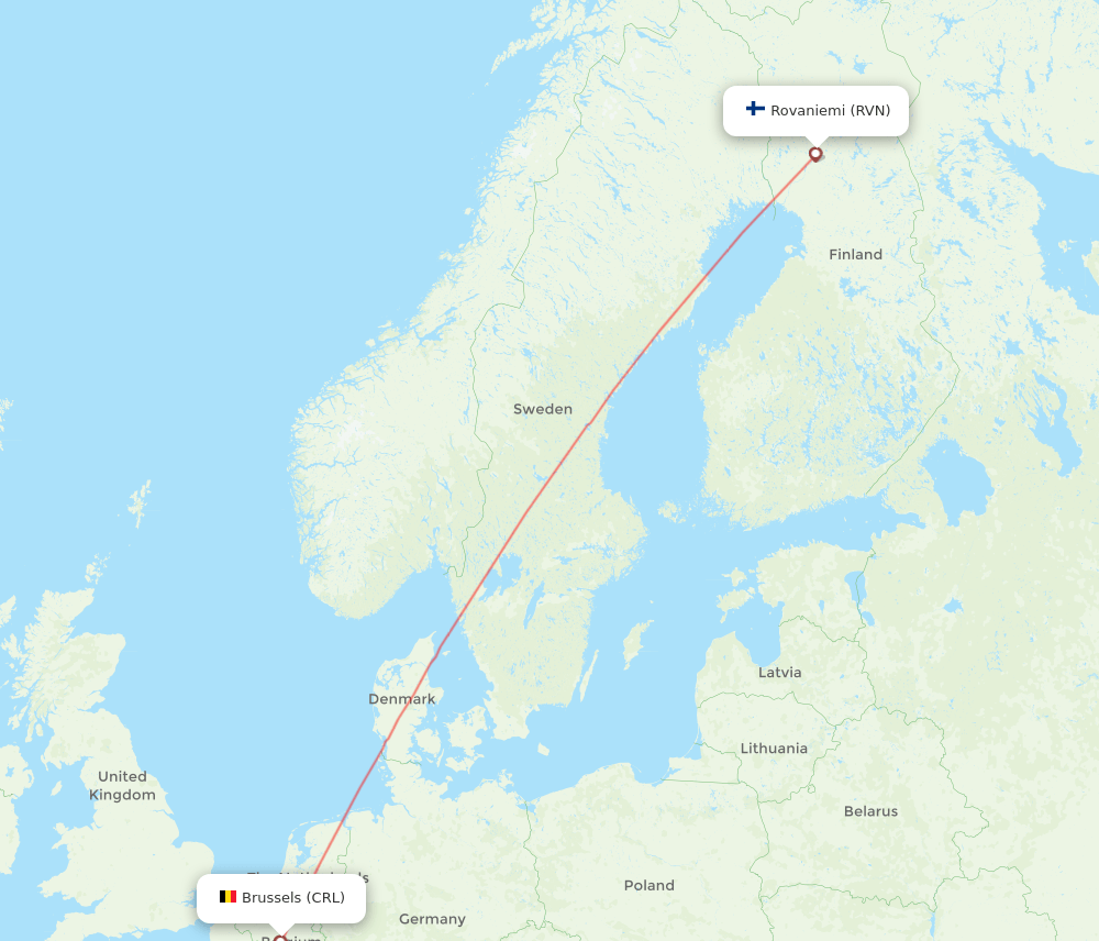 Brussels - Rovaniemi route map and flight paths