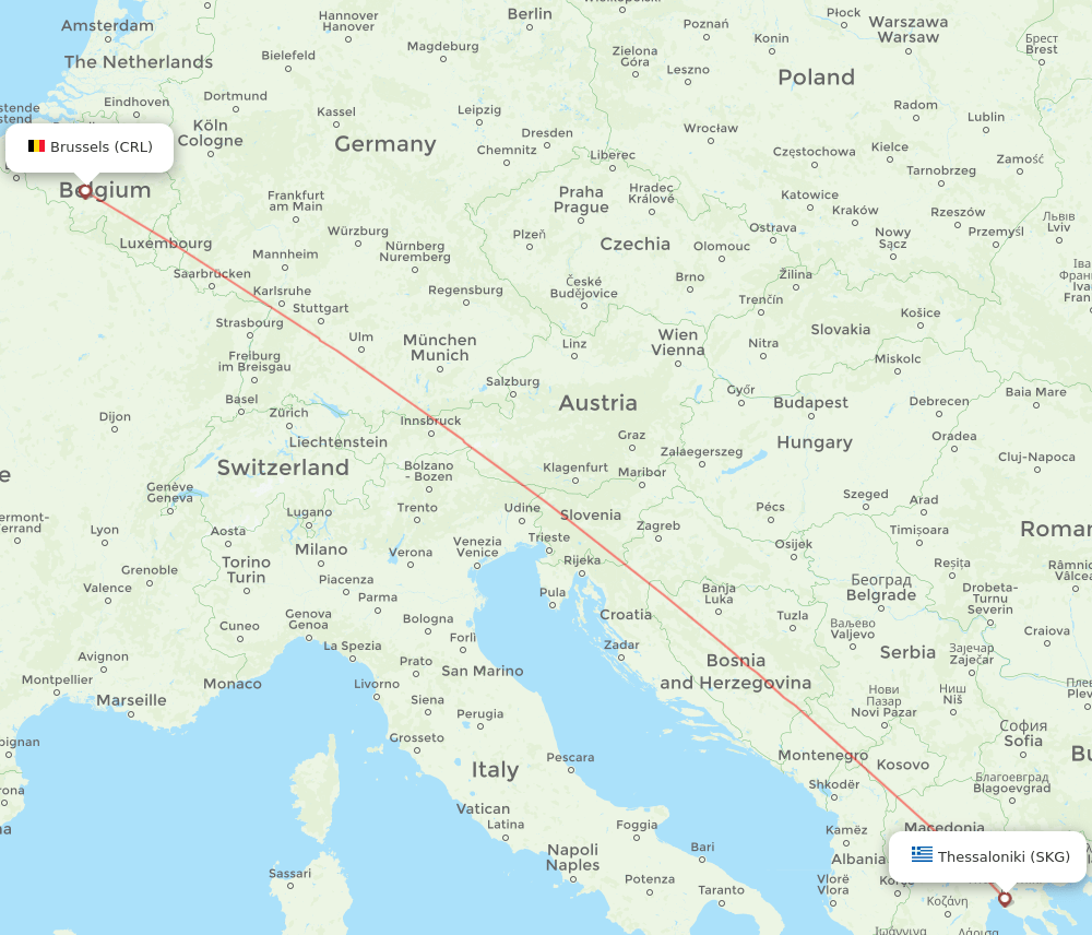 Brussels - Thessaloniki route map and flight paths