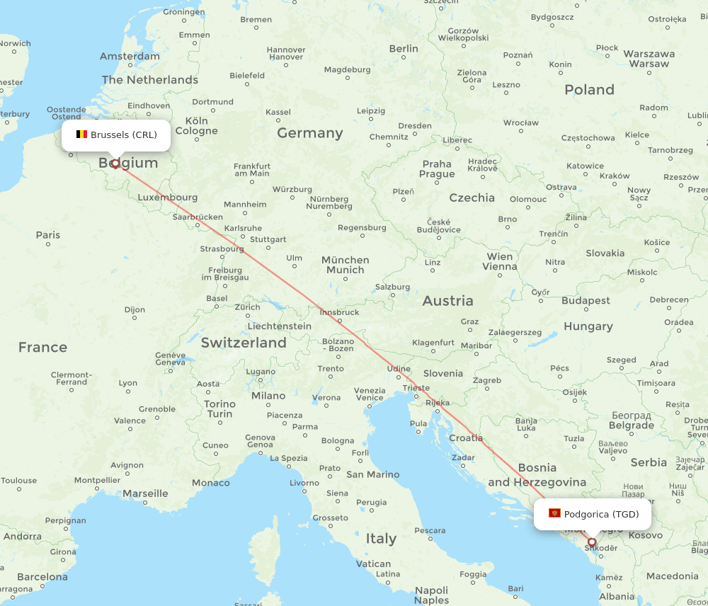 Brussels - Podgorica route map and flight paths