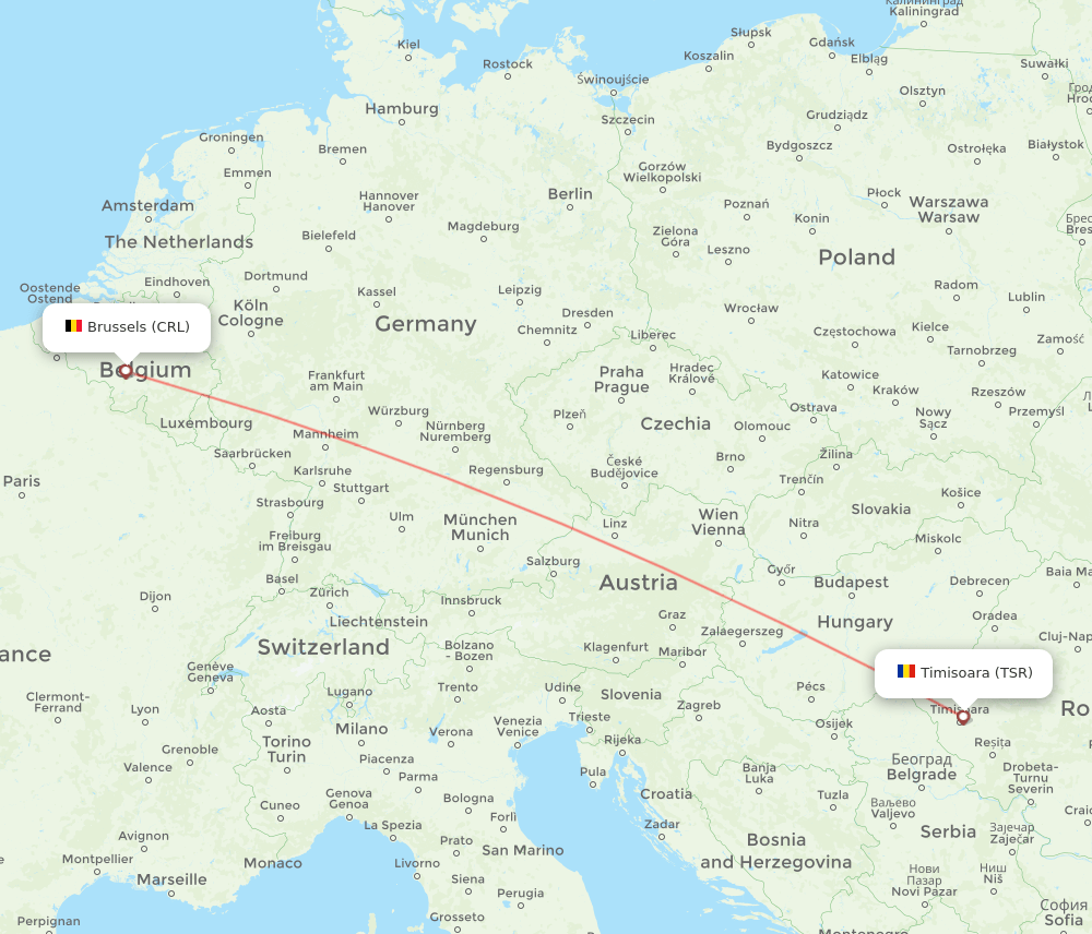 Brussels - Timisoara route map and flight paths