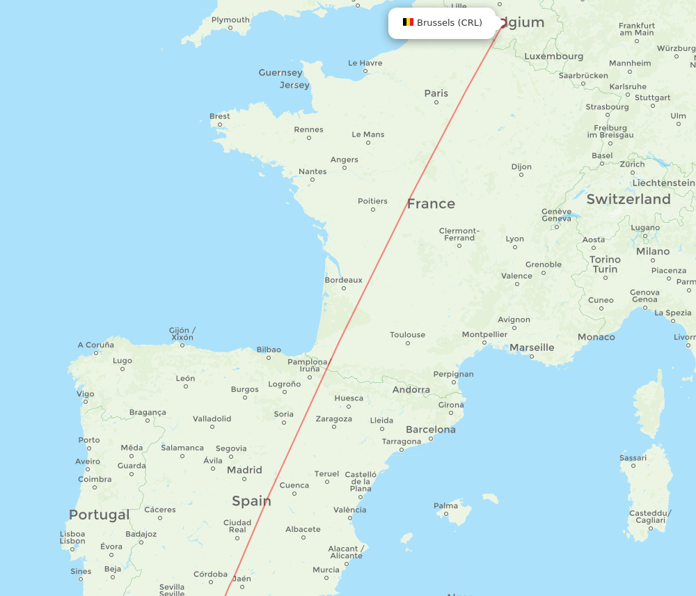 Brussels - Tetouan route map and flight paths