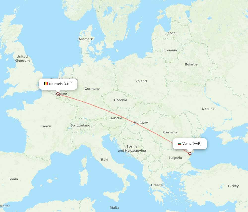 Brussels - Varna route map and flight paths