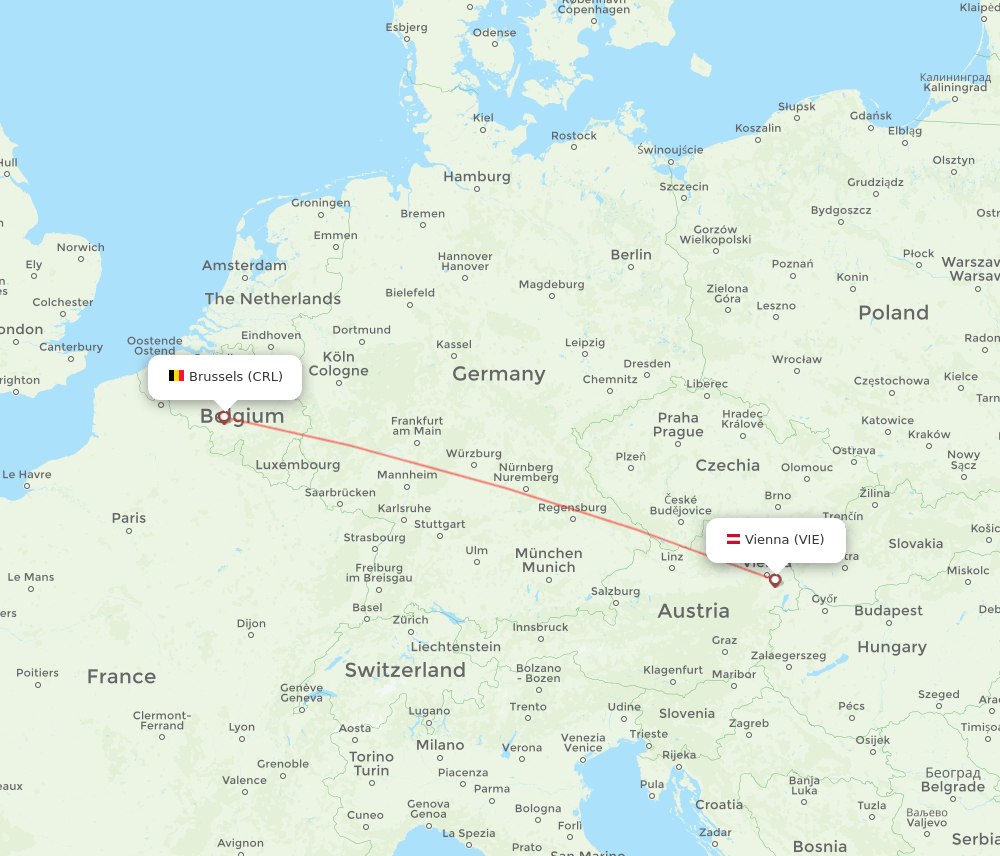 Brussels - Vienna route map and flight paths