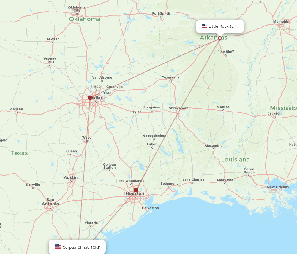 CRP to LIT flights and routes map