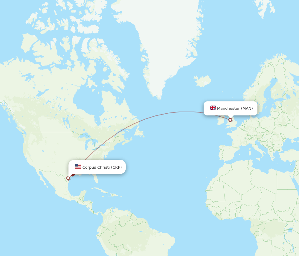 Corpus Christi - Manchester route map and flight paths