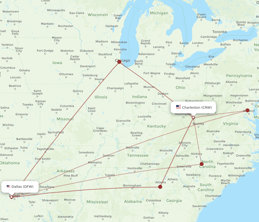 CRW-DFW flight routes
