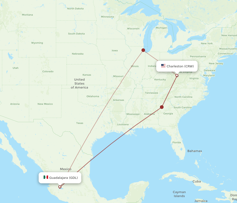 CRW-GDL flight routes