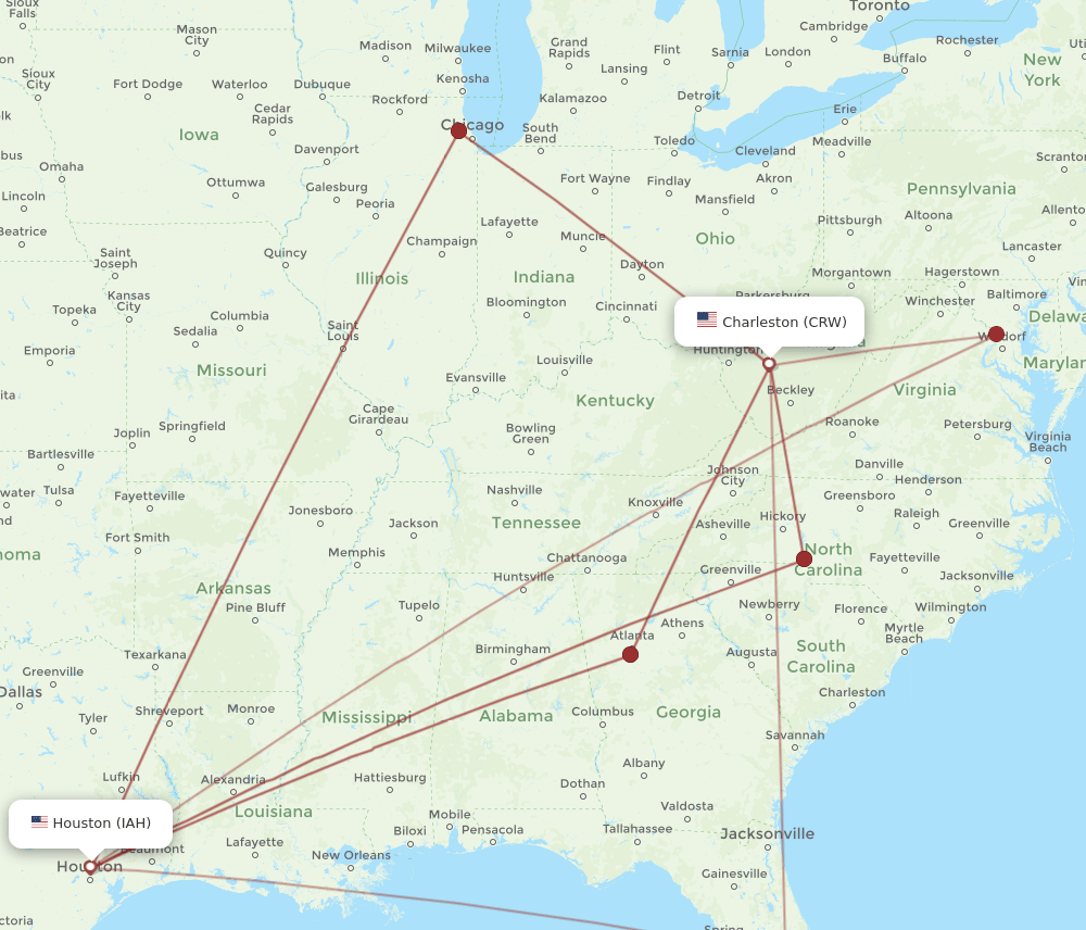 CRW to IAH flights and routes map