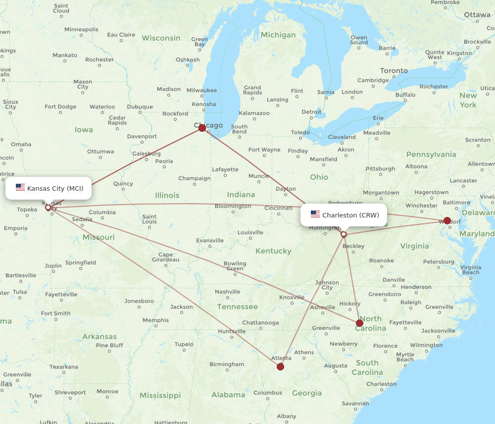 CRW-MCI flight routes