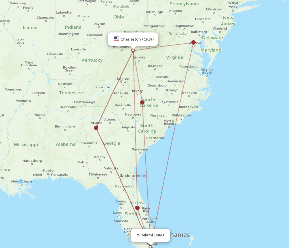 CRW to MIA flights and routes map