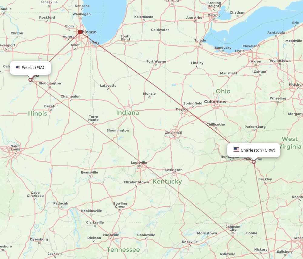 CRW to PIA flights and routes map