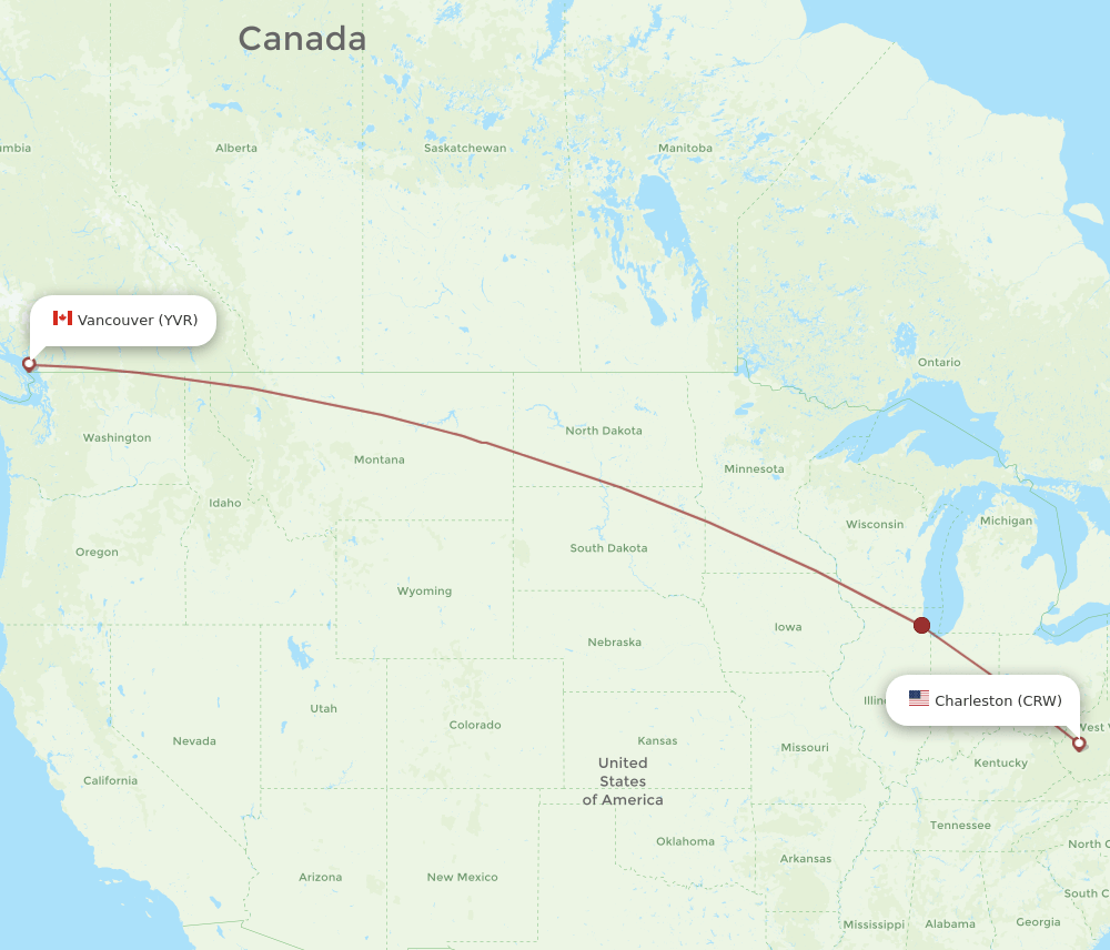 Vancouver - Charleston route map and flight paths