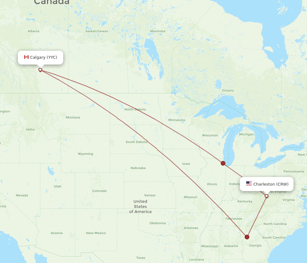 Calgary - Charleston route map and flight paths