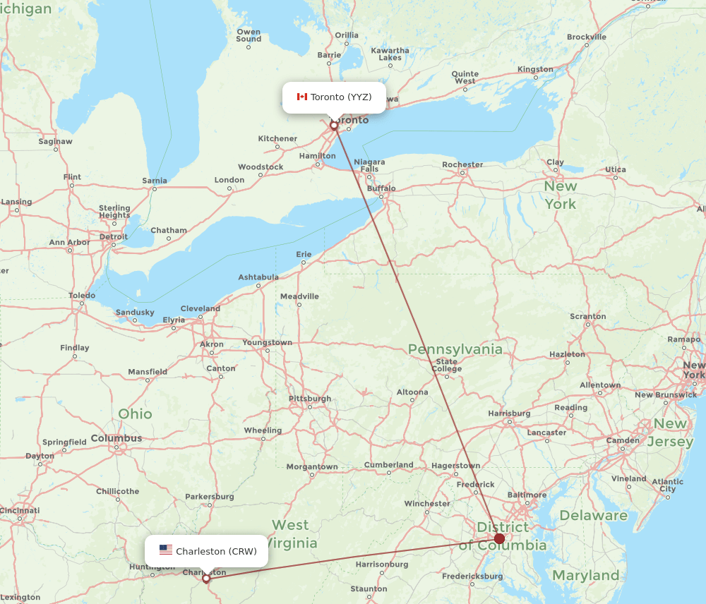 Toronto - Charleston route map and flight paths