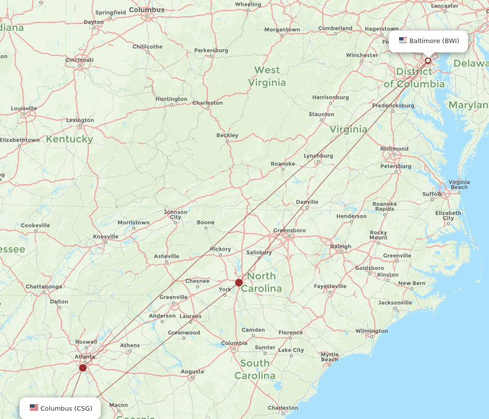 CSG to BWI flights and routes map