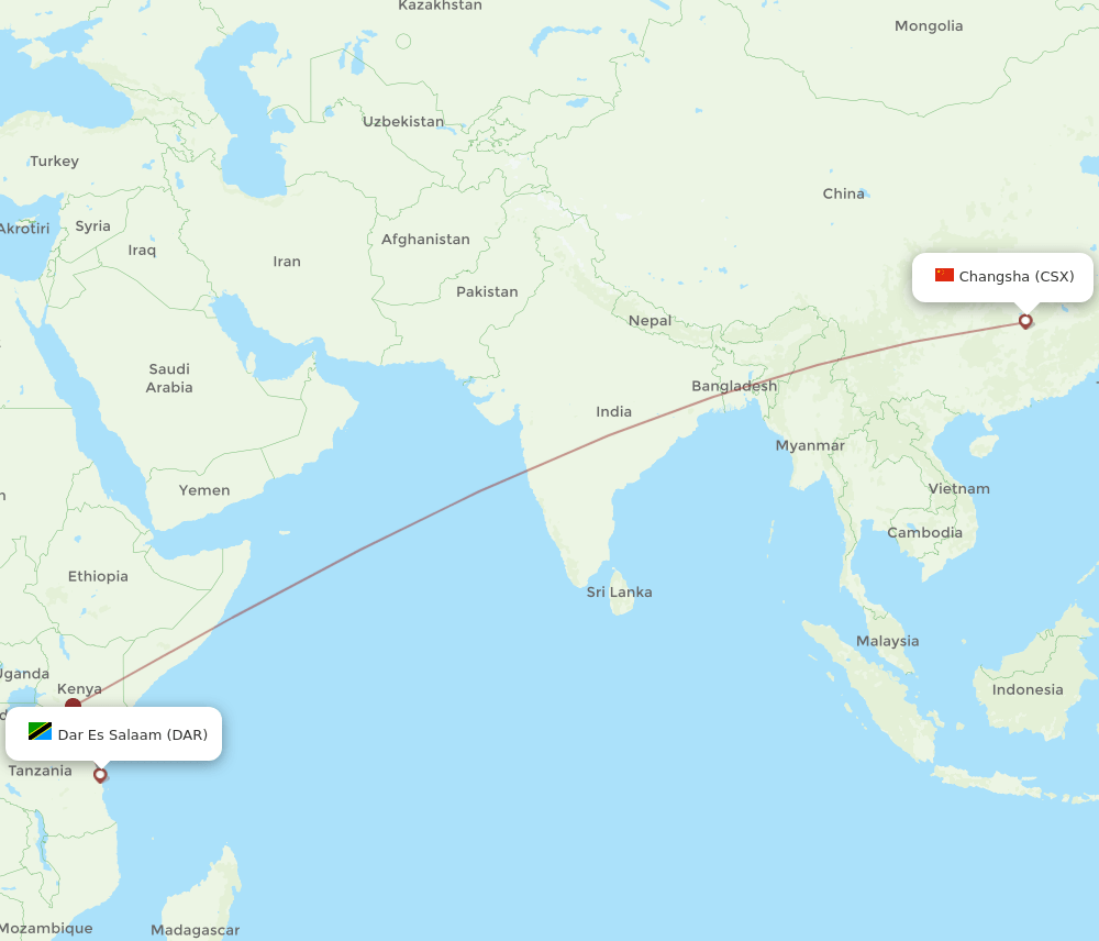 Dar Es Salaam - Changsha route map and flight paths