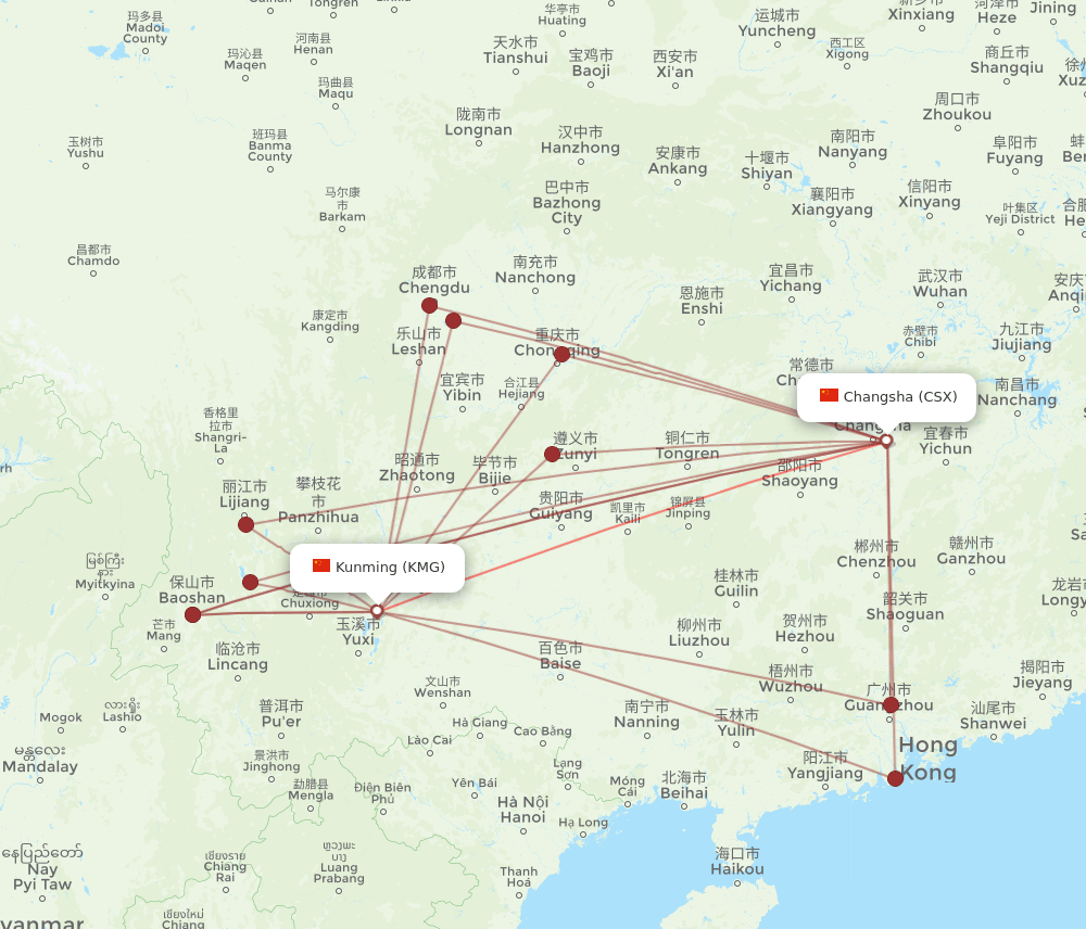 CSX to KMG flights and routes map