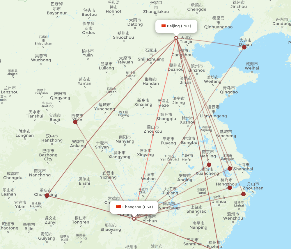 CSX to PKX flights and routes map