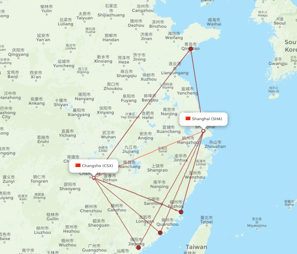 CSX to SHA flights and routes map