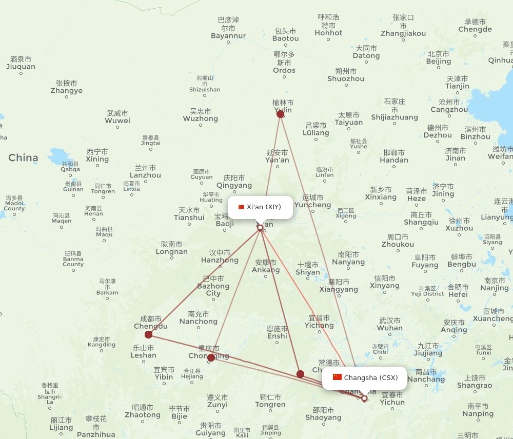 CSX to XIY flights and routes map