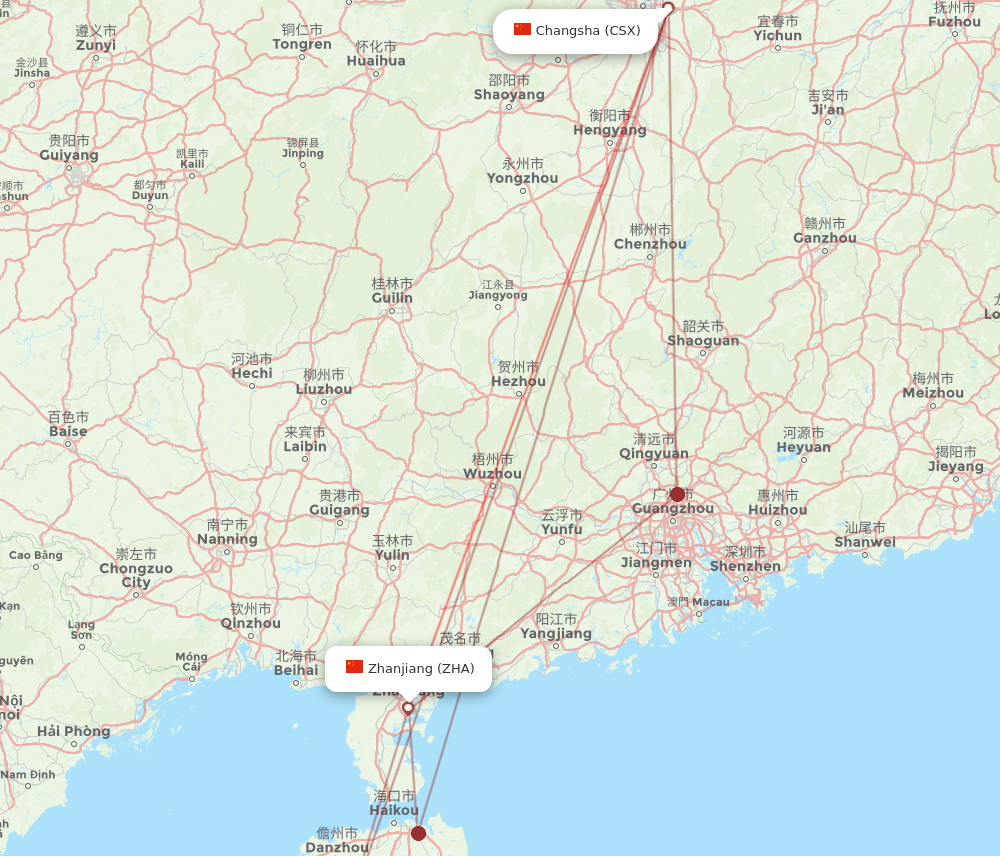 CSX to ZHA flights and routes map