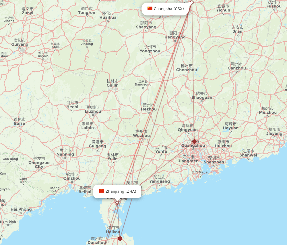 Zhanjiang - Changsha route map and flight paths