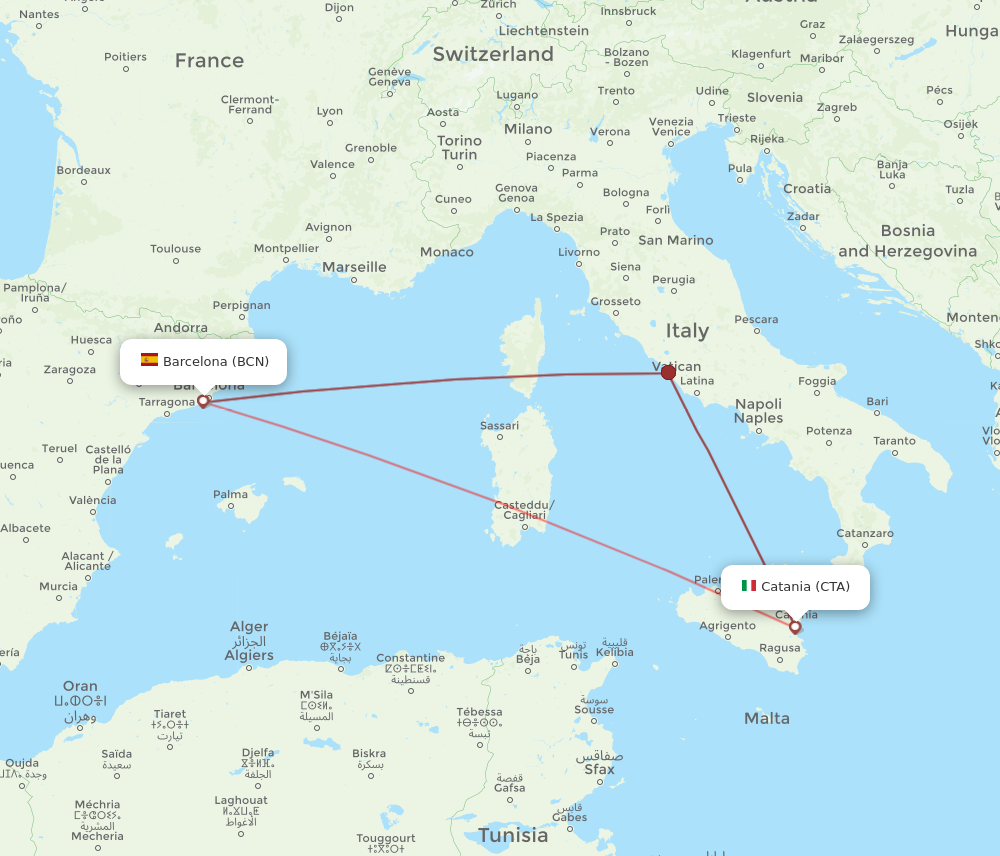 CTA to BCN flights and routes map