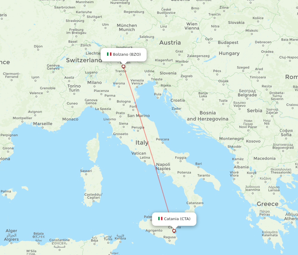 Catania - Bolzano route map and flight paths