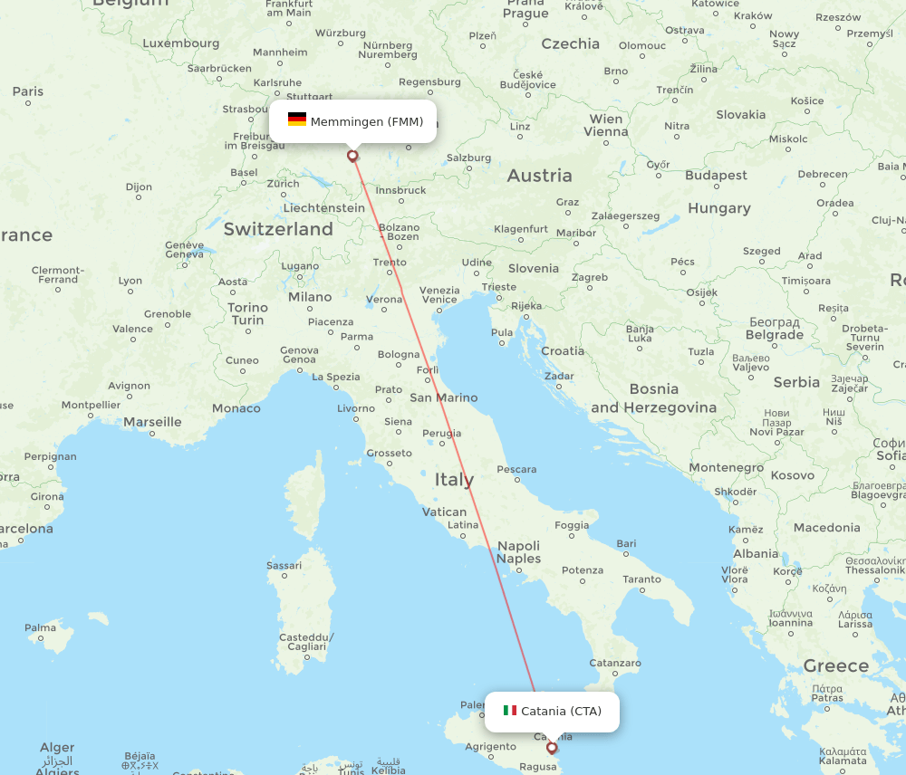 Catania - Memmingen route map and flight paths