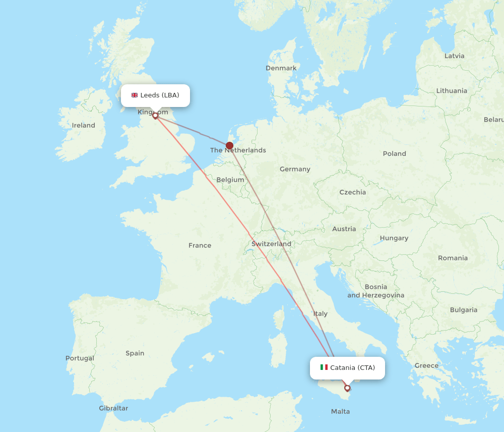 CTA to LBA flights and routes map