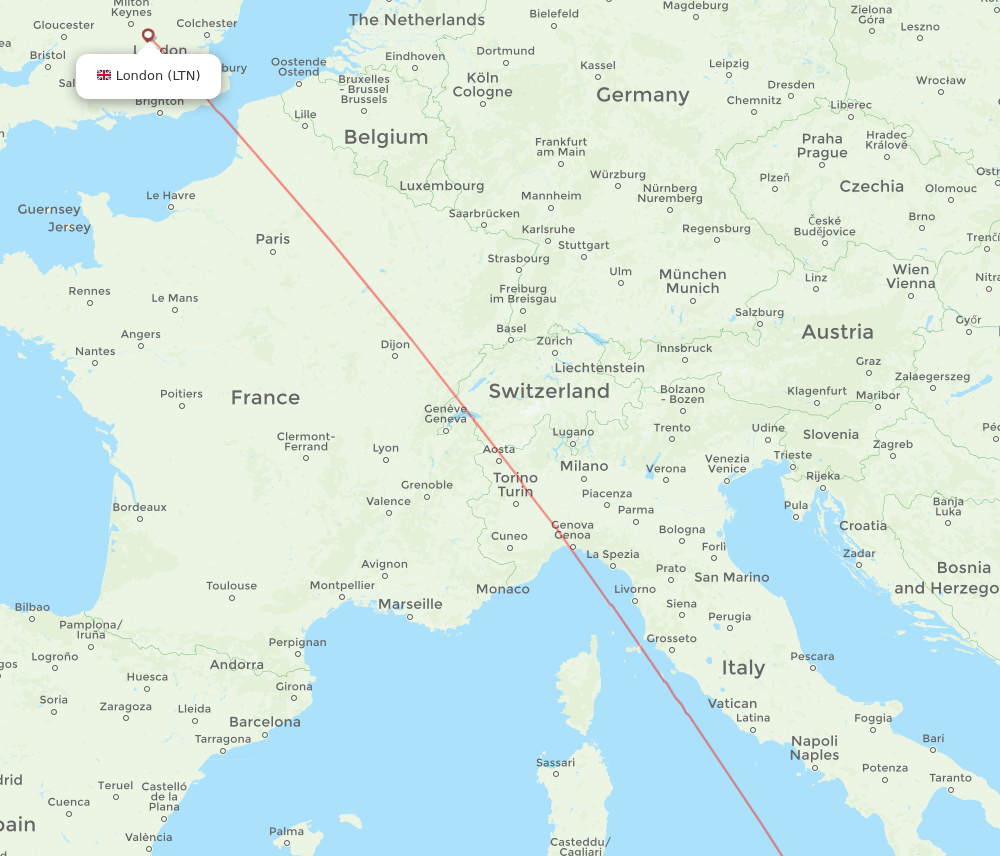 Catania - London route map and flight paths