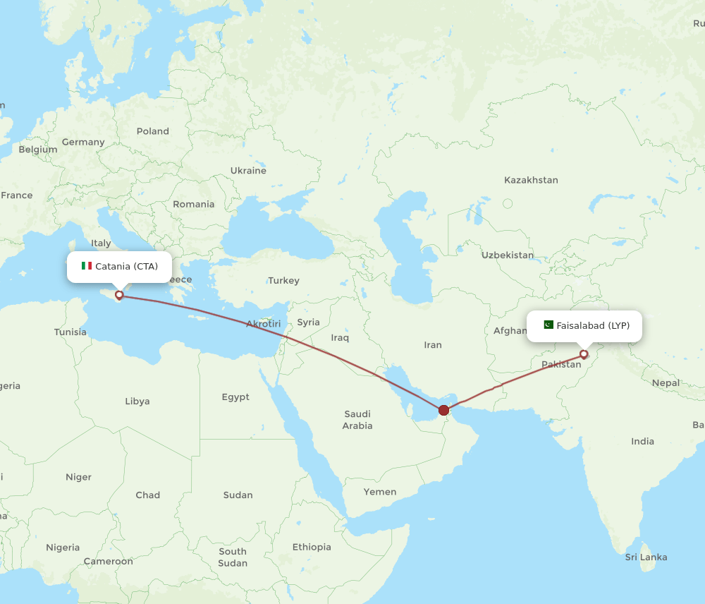 Faisalabad - Catania route map and flight paths