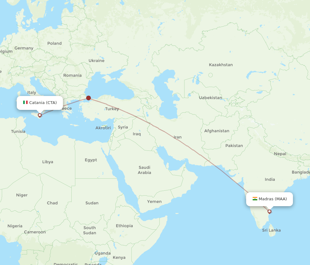 Catania - Chennai route map and flight paths