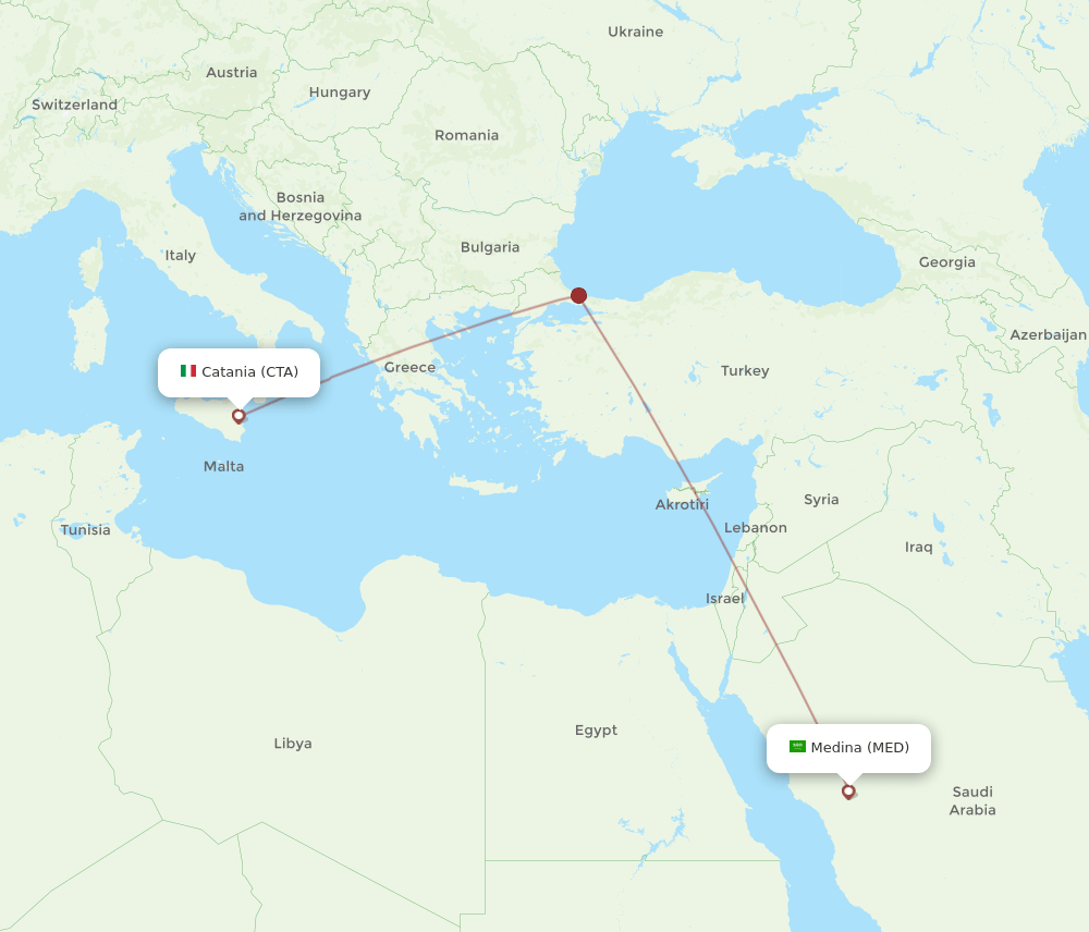 Madinah - Catania route map and flight paths