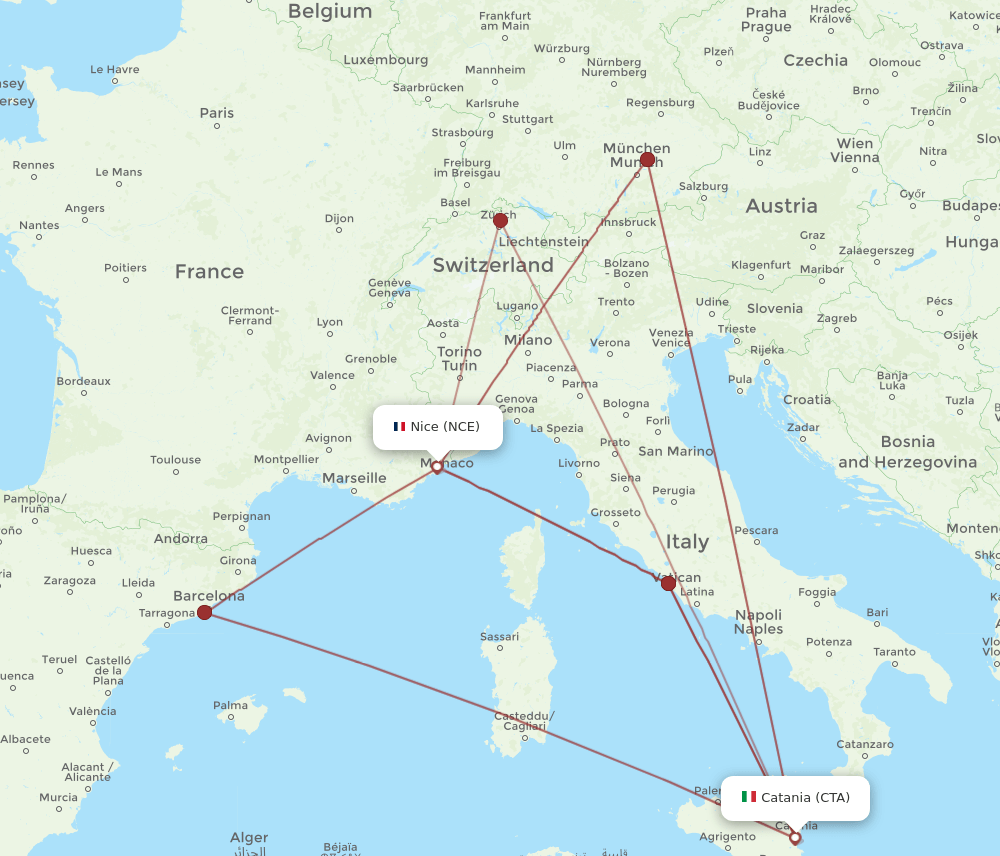 CTA to NCE flights and routes map