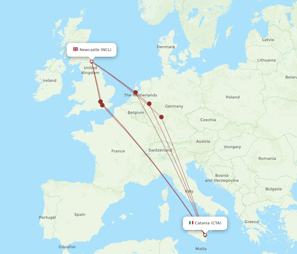 CTA to NCL flights and routes map