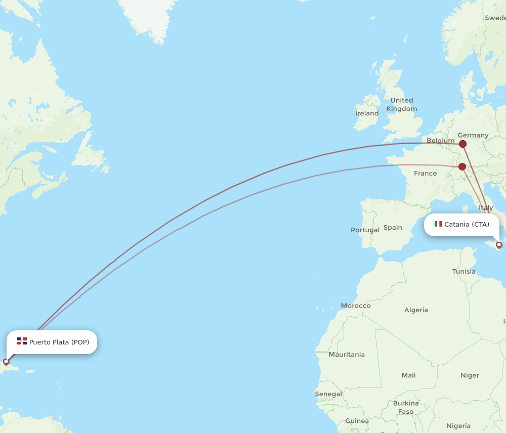 Puerto Plata - Catania route map and flight paths