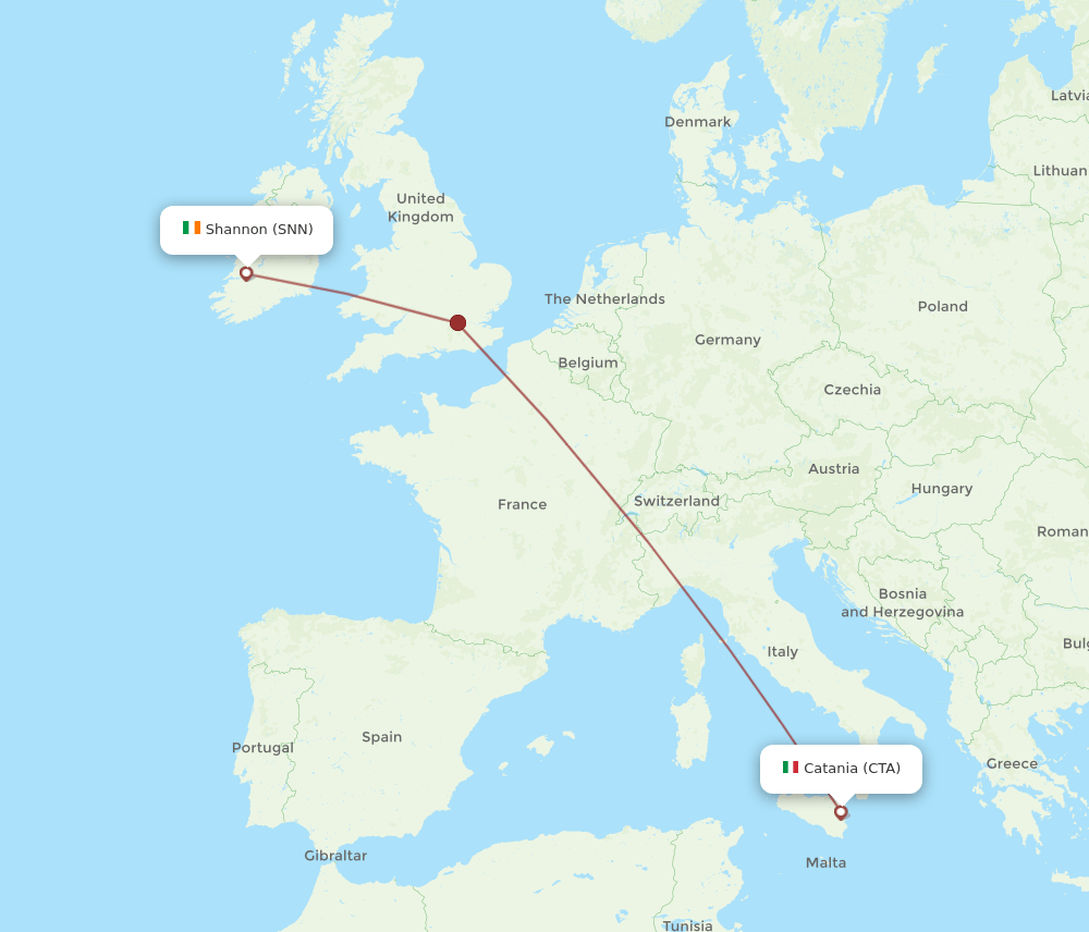 Shannon - Catania route map and flight paths