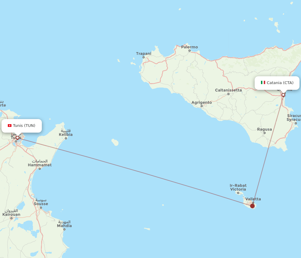Tunis - Catania route map and flight paths