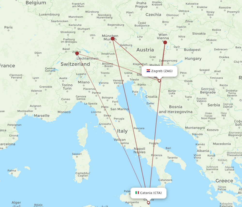 Zagreb - Catania route map and flight paths