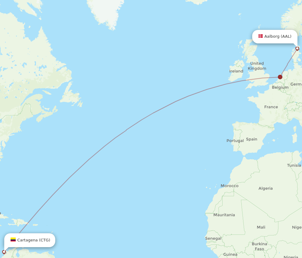 Aalborg - Cartagena route map and flight paths