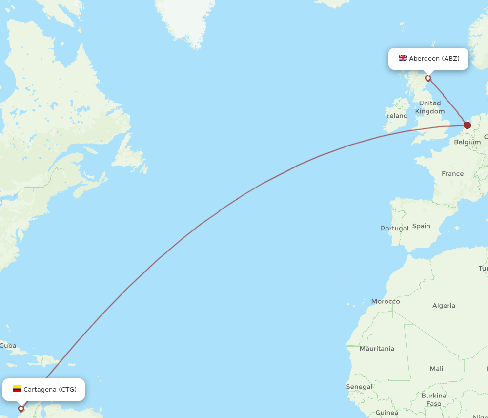 Aberdeen - Cartagena route map and flight paths