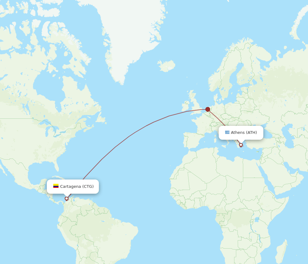 Athens - Cartagena route map and flight paths