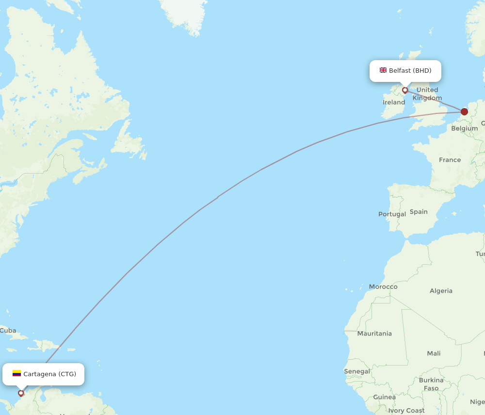 Belfast - Cartagena route map and flight paths