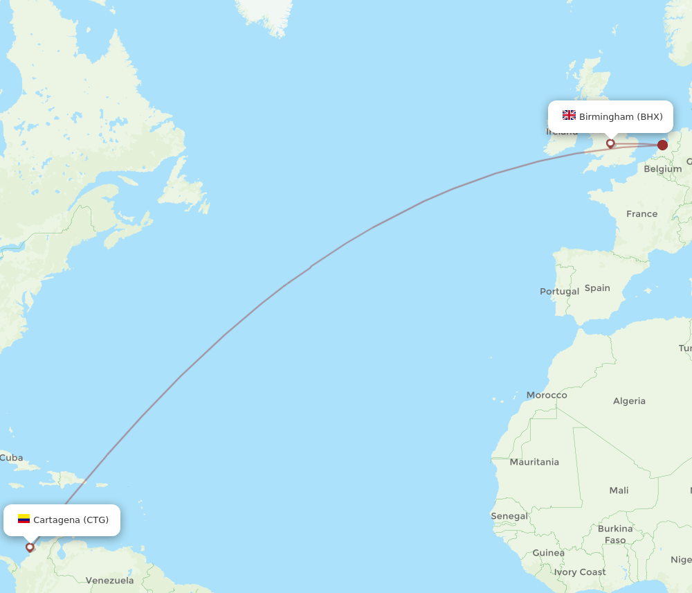 Birmingham - Cartagena route map and flight paths