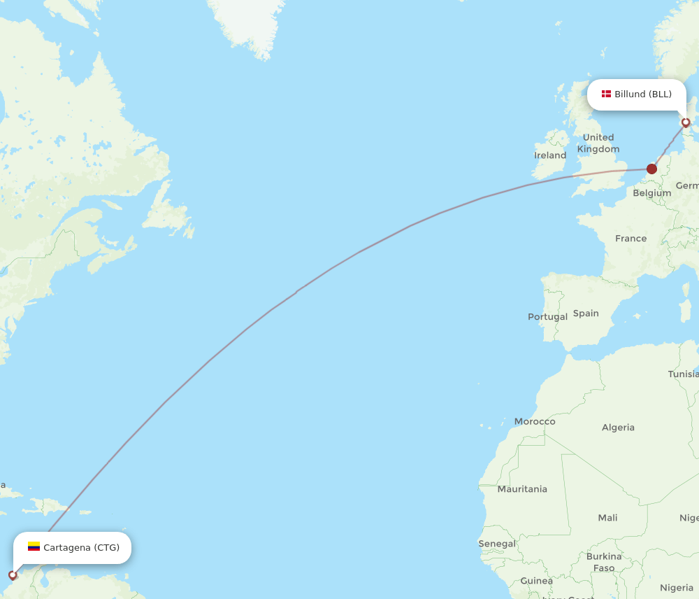 Billund - Cartagena route map and flight paths