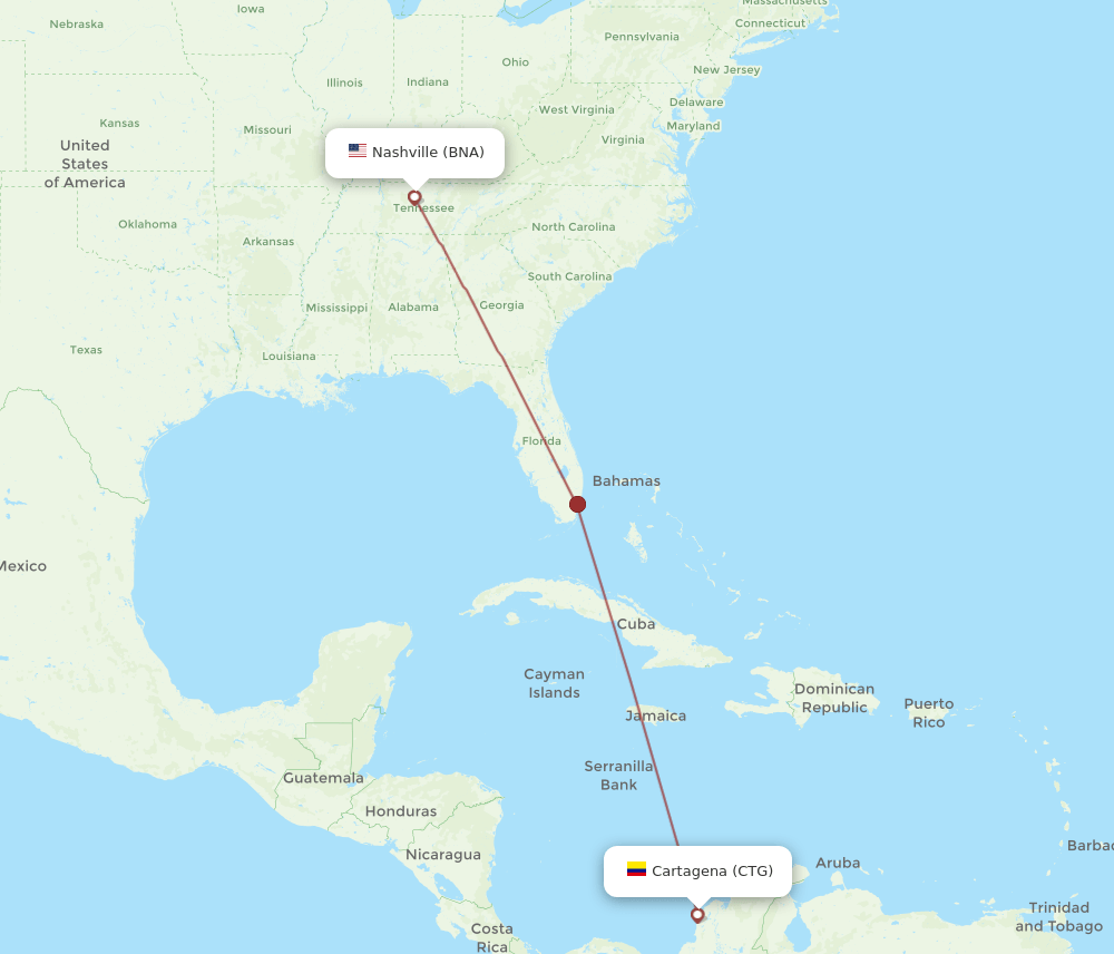 CTG to BNA flights and routes map