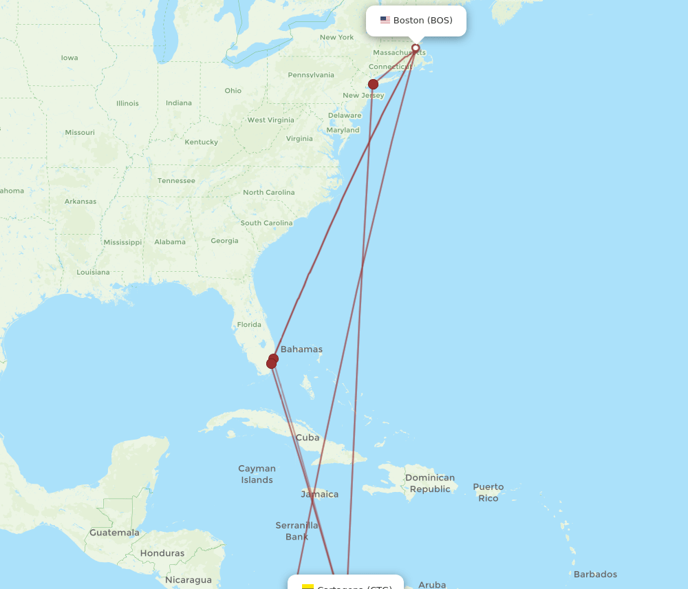 CTG-BOS flight routes