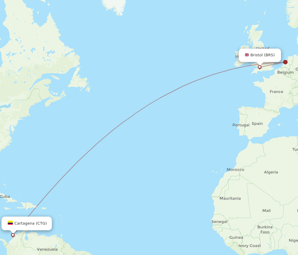 Bristol - Cartagena route map and flight paths