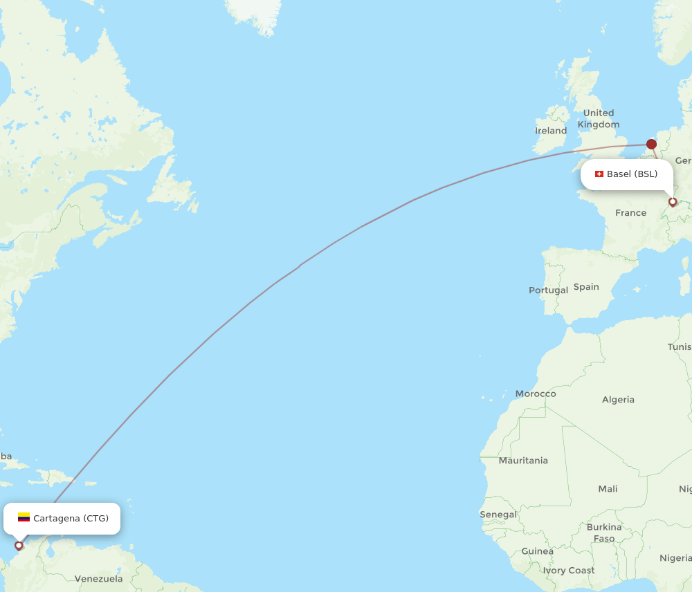Basel, Switzerland/Mulhouse - Cartagena route map and flight paths